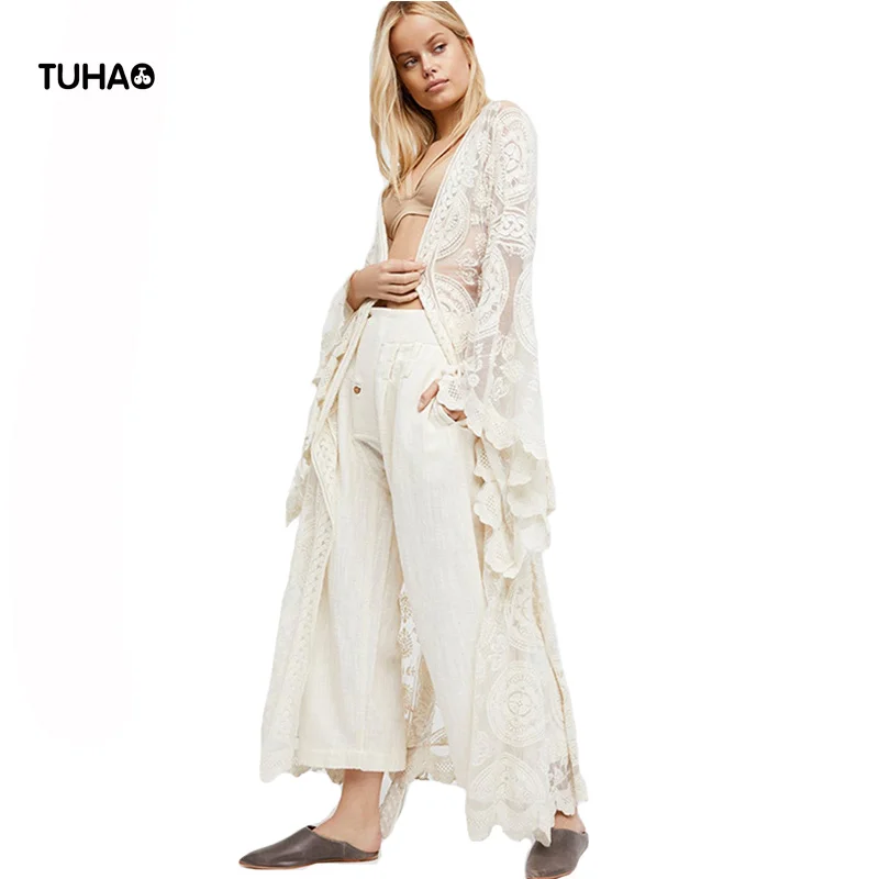 

TUHAO Flare Sleeve V-neck Long Blouse With Sashes Bohemian Style Beach Lace Cardigan Summer Boho Blusa Women Tops TA0762
