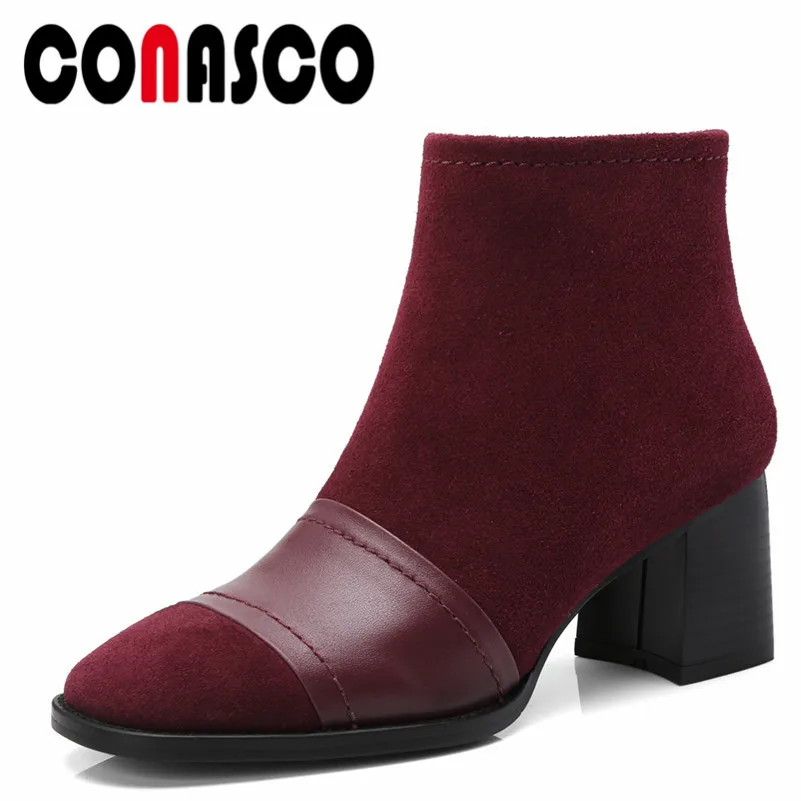 

CONASCO Cow Suede Women Ankle Boots Autumn Winter Shoes Woman Square Heeled Fashion Dress Pumps Ladies Elegant Office Pumps