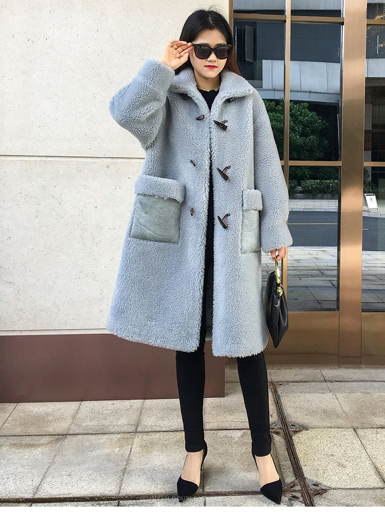 SY07 Fall winter women 30% real wool fur coat overcoat Horn buckle warm pocket sheep shearing girl fur coats lady long jacket