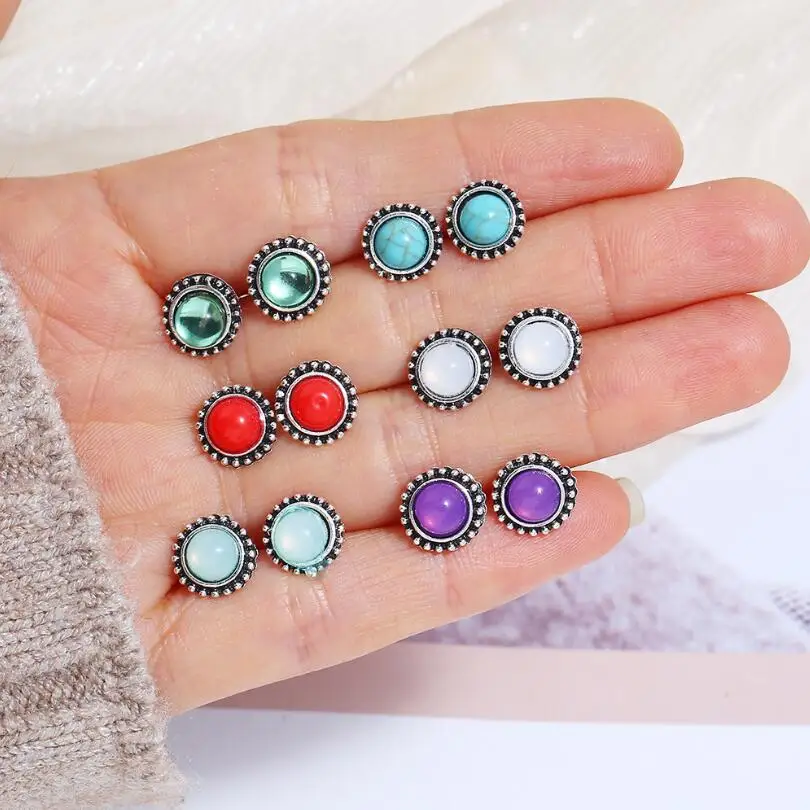 

6pcs/Set Color Mixing Vintage Round Imitation Gem Stud Earrings For Women Fashion Jewelry Statement Pendientes AE965