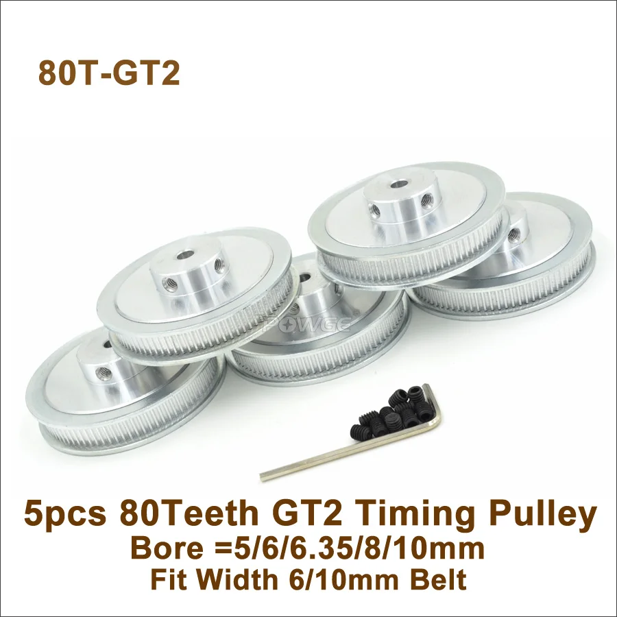 POWGE 5 шт. 80 зубцов 2GT зубчатый шкив отверстие 5/6/6.35/8/10 мм подходит для W = 6/10 GT2 Ремень