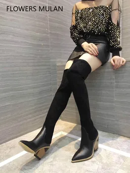 

Fashion New Famous Brand T Show Women Long Boots Thigh High Patchwork Spike Heel Lady Winter Shoes Slip on Stretch Fabric Shoes