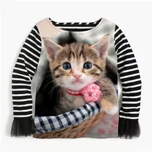 Одежда для девочек, рубашка осень-весна, полосатая кружевная блузка принцессы с длинными рукавами и принтом кота, блузки для маленьких девочек, детская одежда, От 2 до 10 лет