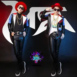 MZ оригинальный Мужской певица мужской DJ bigbang права чжи-long GD костюмы Для мужчин красный и синий сшивания кожи мотоциклетная куртка
