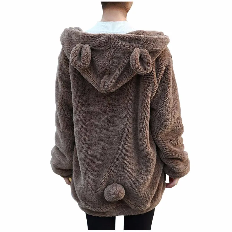 2018 для женщин толстовки на молнии для девочек зимние свободные пушистый медведь уха Толстовка Куртка с капюшоном теплая верхняя одежда