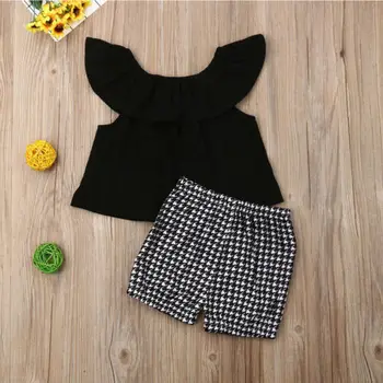 買取 新生児女の子かわいいファッション黒フライスリーブオフショルダークロップトップスチェック柄ショートパンツ服服夏セット 2 個
