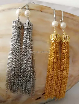 

freshwater pearl white 7-8mm tassel hook earrings FPPJ wholesale beads silver/yellow