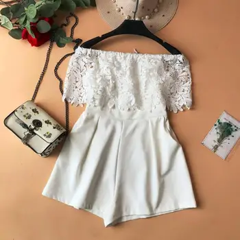 

Slash-neck Jumpsuit 2019 Summer New Korean Women Lace Patchwork High-waist Jumpsuit Woman Short Shorts Playsuits Romper