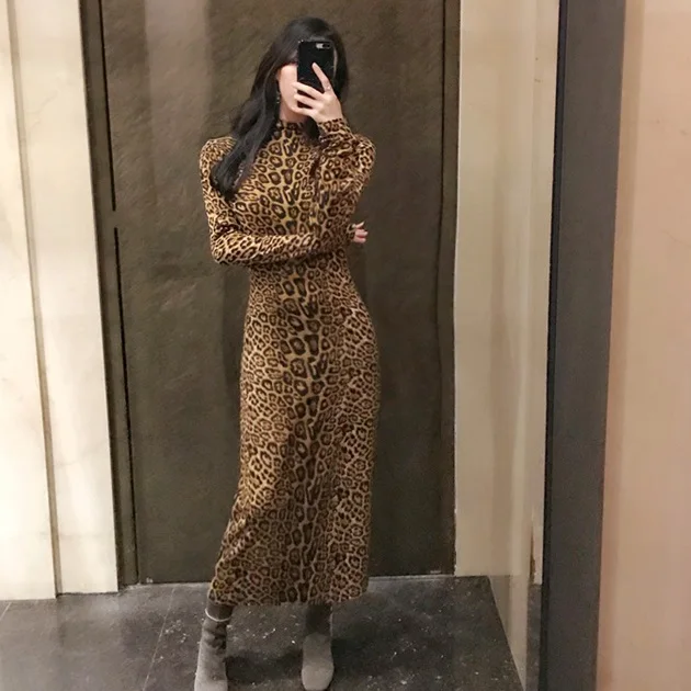 

CBAFUglamaler leopard print sexy long turtleneck long dress bodycon strap christmas spring dresses elegant party dress D224