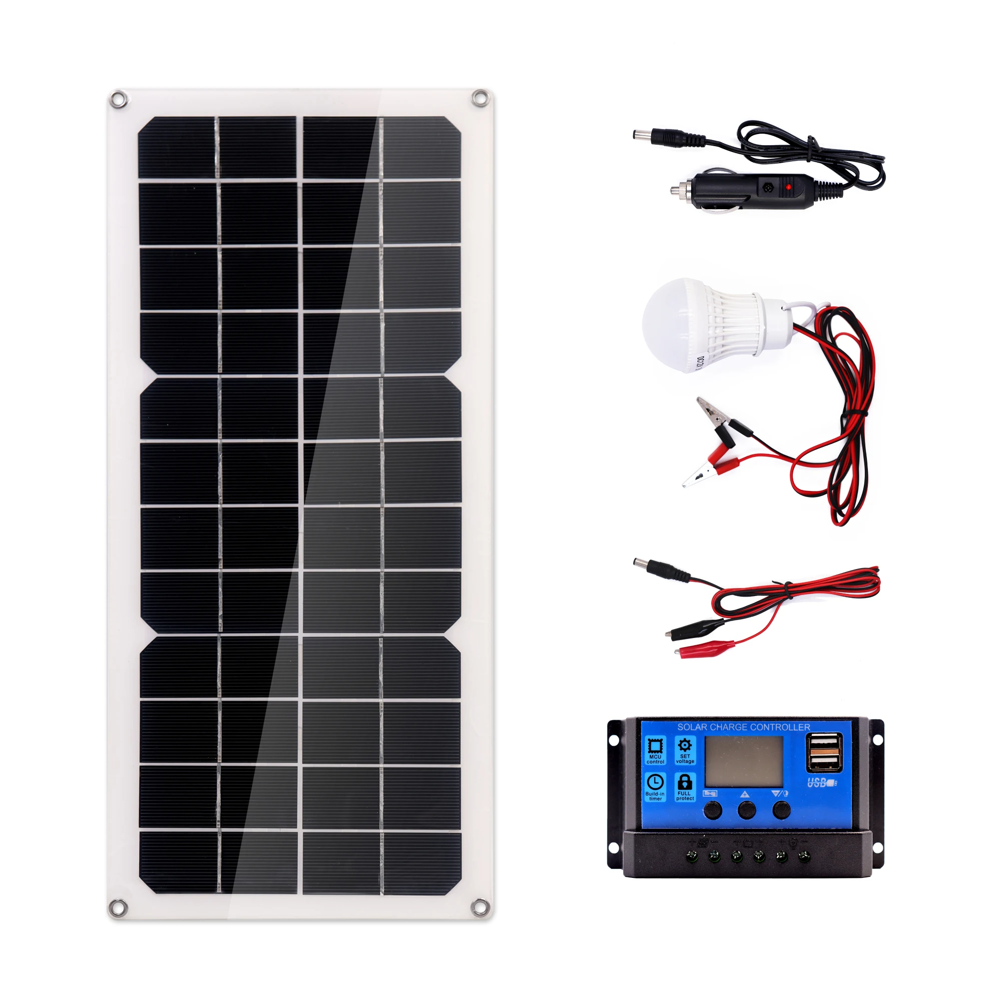 

10W Portable Solar Pane Charger + 10A Controller + 3W Light Bulb Solar Battery for Car Boat Camping DC Alligator clips Connector