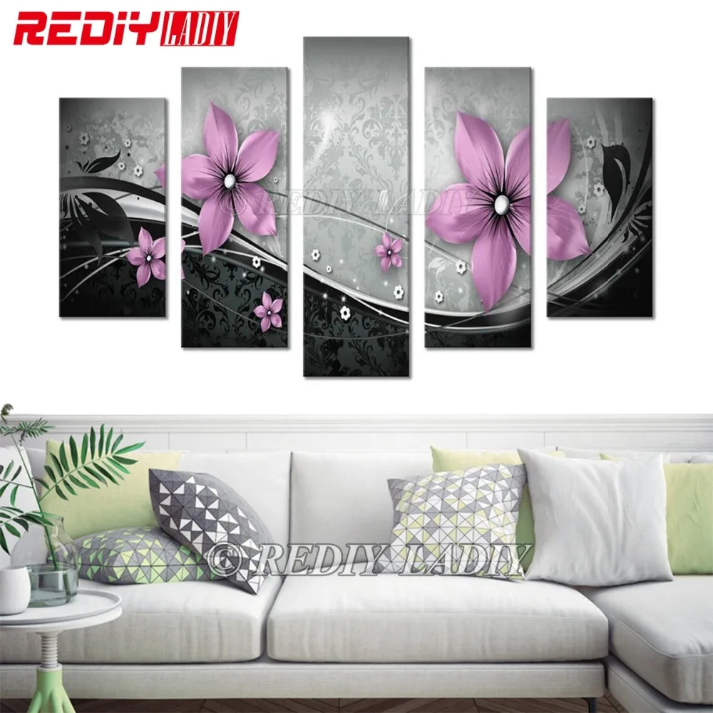 

REDIY LADIY Diamond Painting Triptych Square Diamond Embroidery Crystal Mosaic Modular Picture Pink Flowers Home Decor Wall Arts