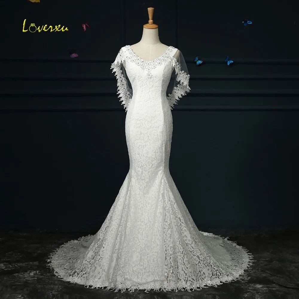 Loverxu Мода v-образным вырезом Аппликации кружевное свадебное платье 2018 нежный бисера Труба Свадебное платье; Robe De Mariage плюс размер