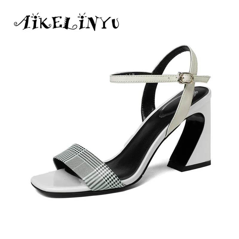 

AIKELINYU 2019 Women Summer Sandals Super High Square Heels Mixed Colors Pumps Plaid Genuine Leather Buckle Strap Sandals Lady