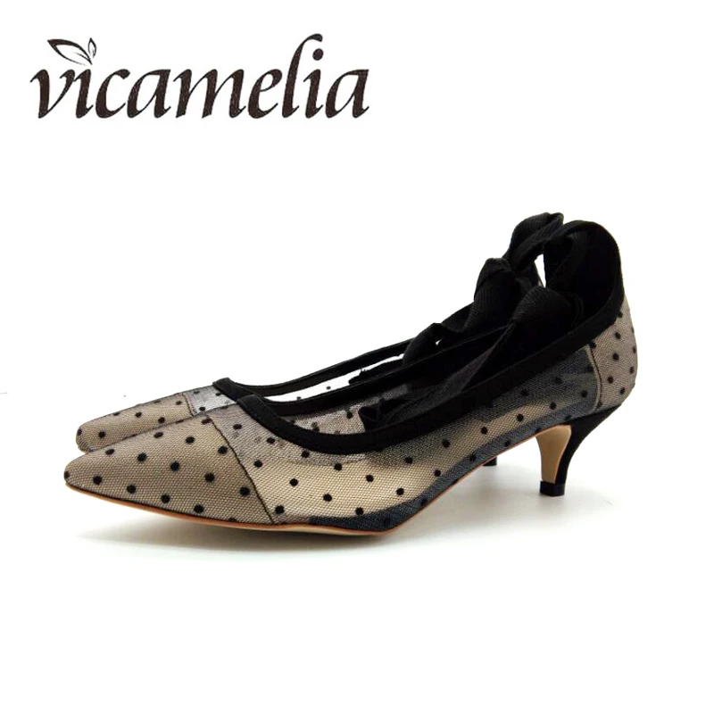 

Vicamelia Middle Heel Wave Point Dress Shoes Net Yarn Pointed Toe Shoes Spring Summer New Bandages Women Pumps Simple Shoes 046