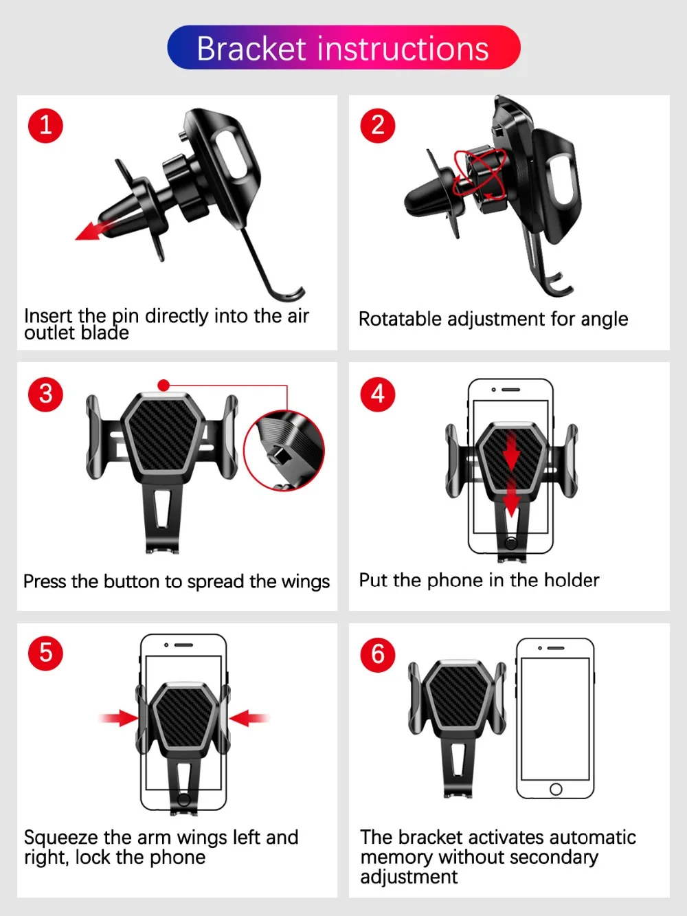 FONKEN Air vent Mount Car Holder Anti-shake Memory Phone Stands for in Car Big Mobile Phone Mount GPS Bracket Flexible Socket