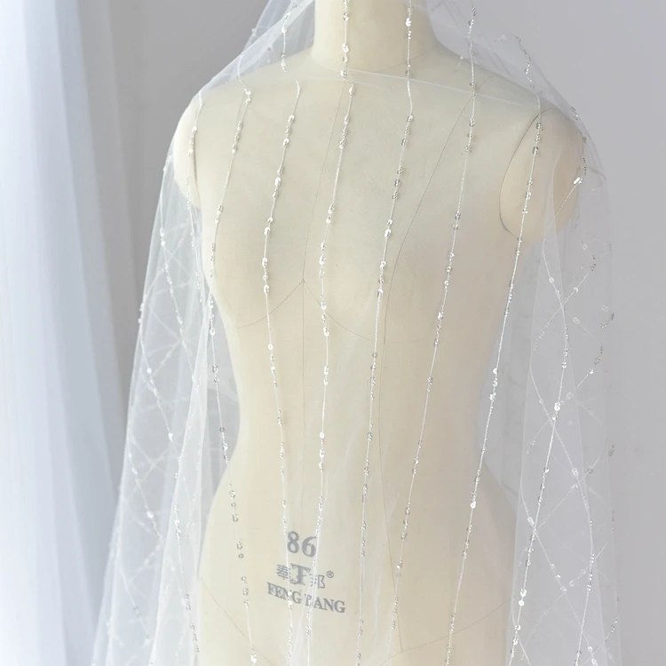 

130cm Wide Straight Line Beaded Sequins Embroidered Tulle Lace Soft Mesh Fabric Veil Dress Wedding Dresses Handmade Diy Material