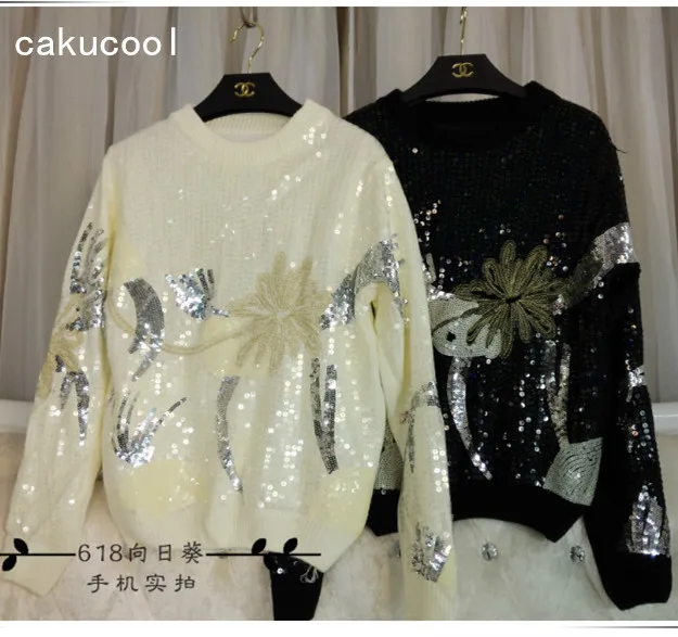 

Cakucool Beading Knit Tops Women Long Sleeve O-neck Sequined Sweaters Floral Embroid Shiny Jumpers Sweater Knit Pullovers Female