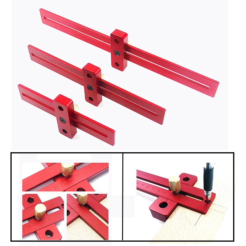 

170/270/370mm Scale Measure Scribing Ruler Woodworking T-type Hole Ruler Aluminum Marking Tool Measuring