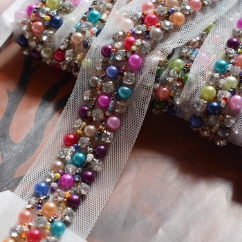 

Free Shipping 2cm Fake Pearl Beaded Lace Trim Mesh Fabric Paillette Lace Beaded Trim Braid Lace Applique