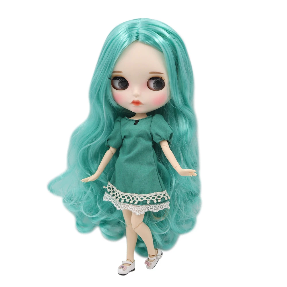 ICY DBS Blyth doll 1/6 bjd with white skin green long curly hair and matte face joint body BL4268