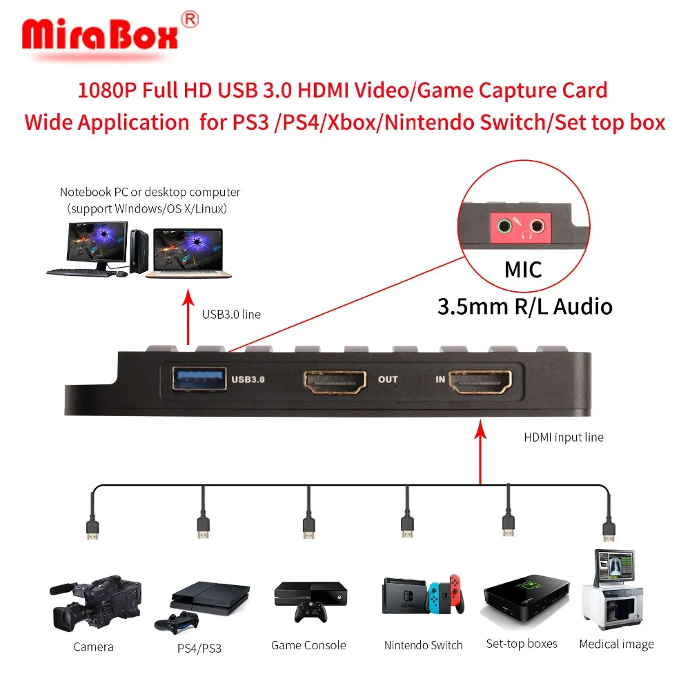 Карта захвата MiraBox, 4K 30FPS, HD 1080P 60FPS, USB3.0 HDMI игровая Карта видеозахвата с микрофонным входом и HDMI сквозной