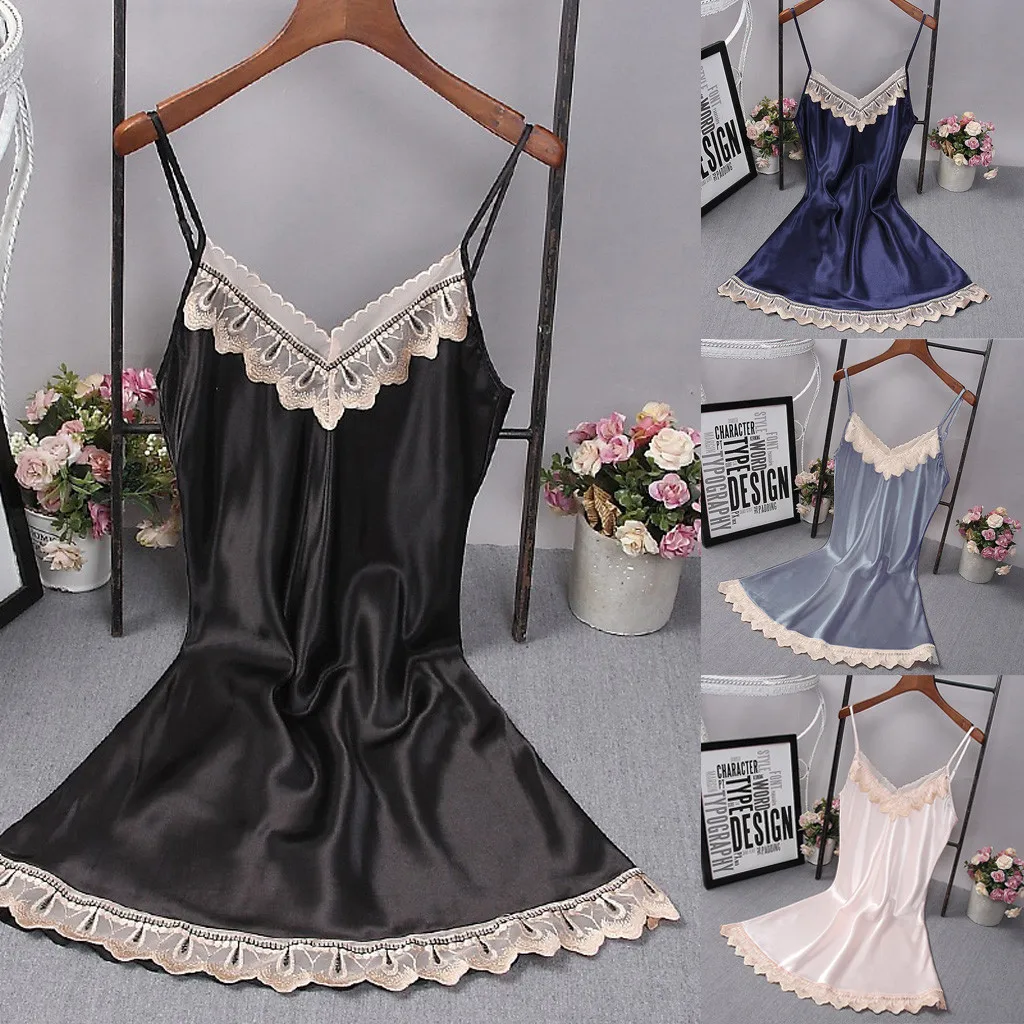 Женские пикантные sleepdress мода атласные кружева слинг пижамы белье Ночная рубашка