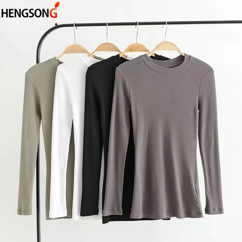 Simple Solid Color Female T-Shirt Women Crew Neck Ribbed Long Sleeve Slim Fit Crop T-shirt Crop Tops