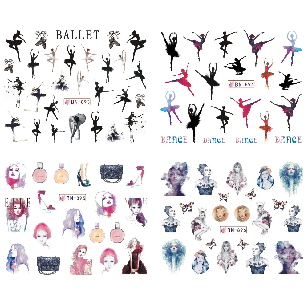 Ретро акварельный дизайн наклейки для кончиков ногтей набор балетных танцев девушки духи белый черный очаровательные наклейки для женщин Маникюр SABN889-900