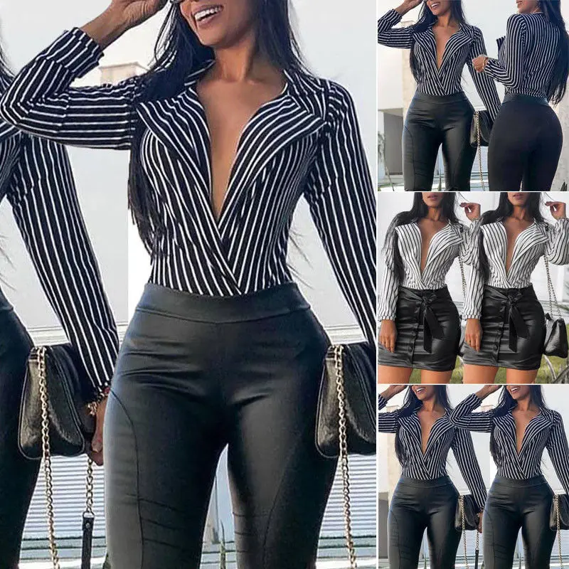

2018 New Style Fashion Women Ladies Summer Deep V-neck Long Sleeve Loose Casual Casual Blouse Shirt Tops