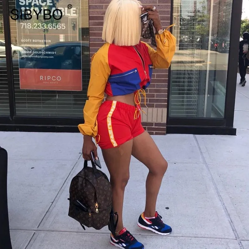 JULISSA MO Autumn Patchwork Lace Up Bodycon Jumpsuits Women Ropmers 2 Pieces Set Casual Long Sleeve Top Shorts Set 2018 Overalls