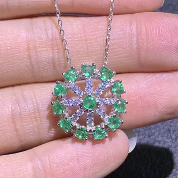 

Naturel green emerald gem Necklace S925 sliver natural gemstone Necklace Pendant Flower wheel women girl party gift jewelry