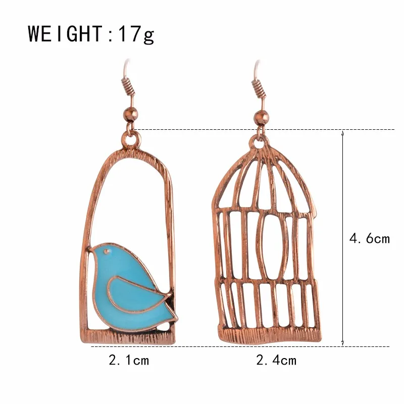 Fashion Bird And Bird-Cage Asymmetric Drop Earrings blue Oil Bird simple For Women Alloy Bird Cage Dangle Brincos ear Earrings