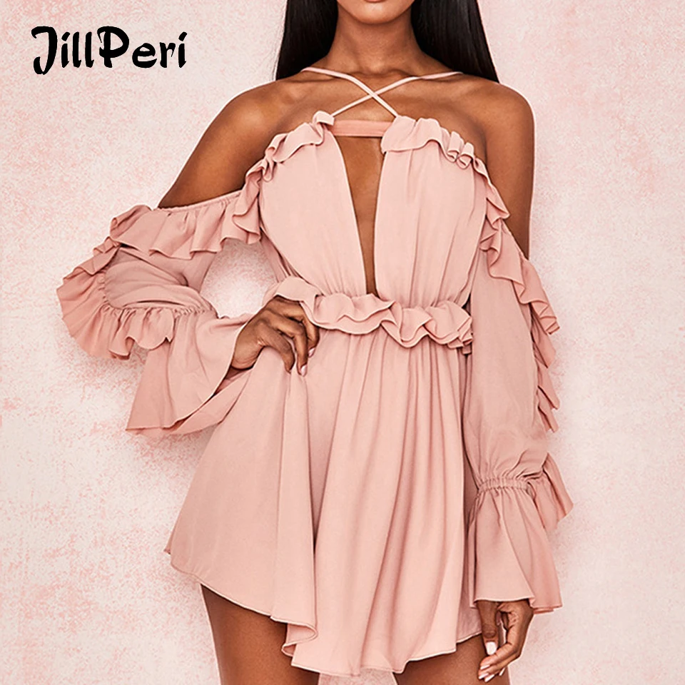 

JillPeri Women Summer Ruffles Chiffon Dress Sexy Off the Shoulder Flare Long Sleeve Vacation Holiday Wear Mini Dress Outfit