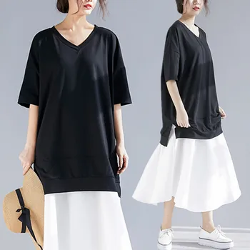 

BIG SIZE 4XL Summer Women Fashion Elegant Patchwork Tops Lady Female Plus Large Short Sleeve Fasle Two Piece Ruffles Loose Dress