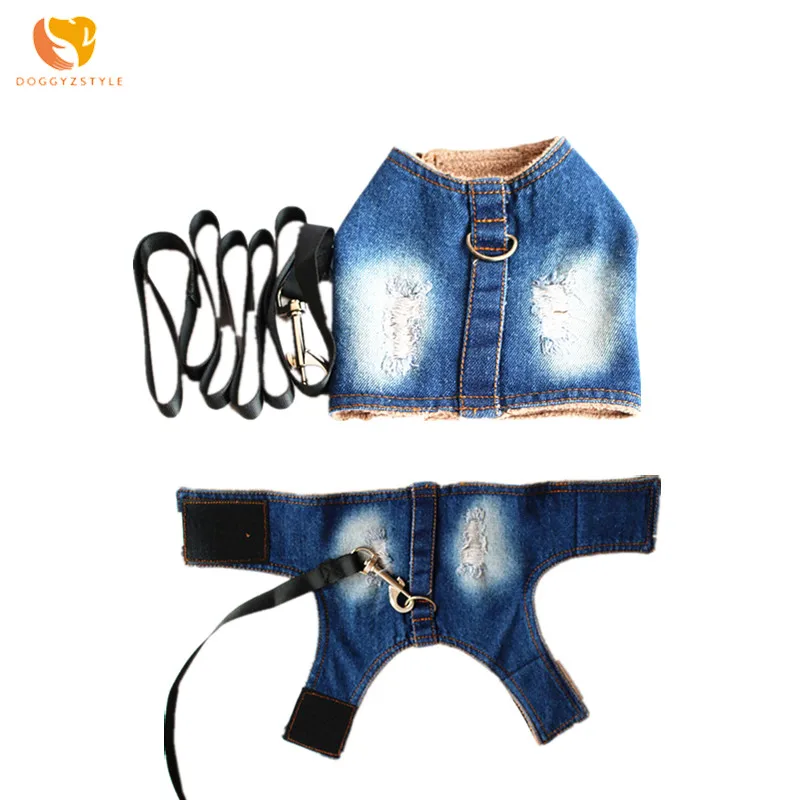 

DOGGYZSTYLE Denim Pets Harness Vest Puppy Vest Leash Walking Traction Rope Jean Harness Leash For Small Dog Outdoors Accessories