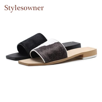 

Black White Fashion Summer Ladies Shoes Horsehair Slides Open-toe Low-heel Outside Wear Lazy Women Slip-on Flat Casual Slippers