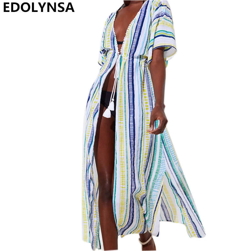 

Summer Women Beach Tunic Striped Kimono Sexy Deep V Neck Short Sleeve High Waist Belted Side Split Tops Beach Blousas Cover N596