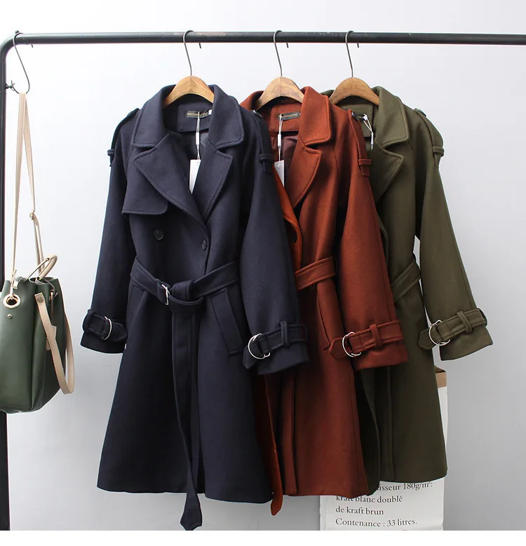 HGFS 2019 New Spring Woolen Coat Trench Women Slim Double Breasted Black Winter Coats Long Outerwear for Women