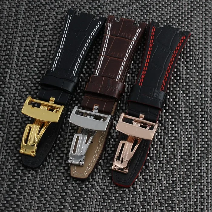 

For AP straps 28mm black |blue 100% Genuine Leather Handmade Watch Band Strap with steel deployment buckle WATCHBAND