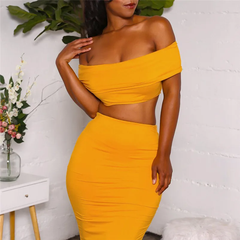 Casual 2 Two Piece Set Women Sexy Solid Strapless Short Layered Tank Sheath Bodycon Party Skirt Set Beachwear Women Set 3D07 (3)