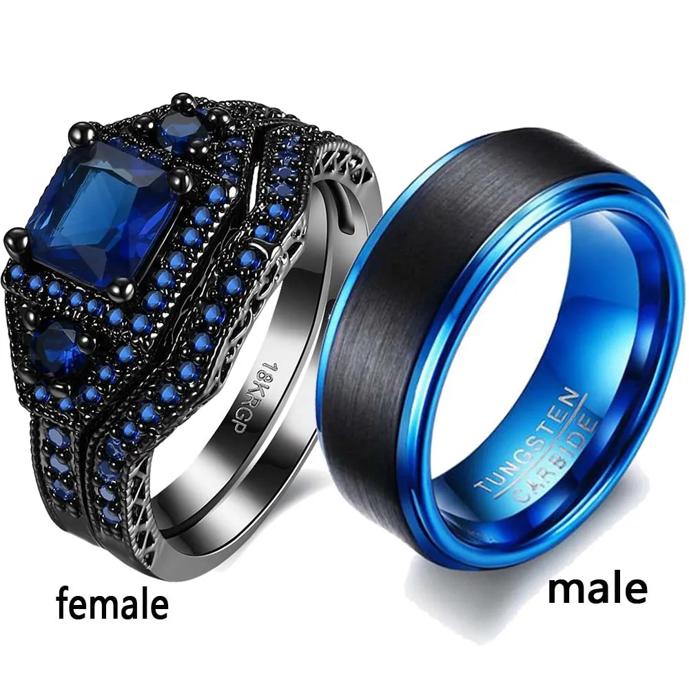 Loversring 2 Rings Couple Rings Princess cut Blue Cubic Zirconia Womens