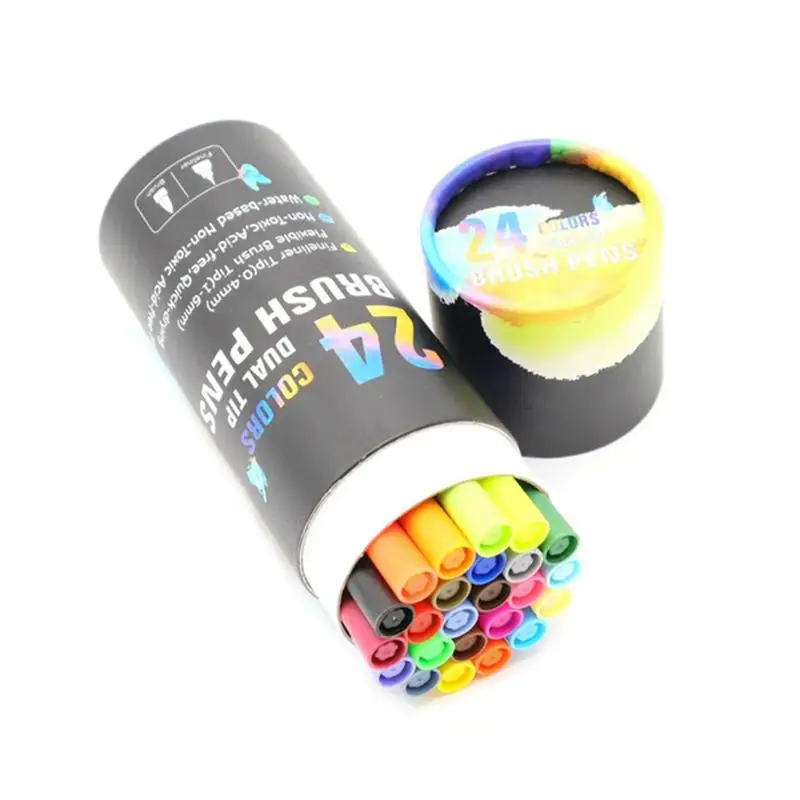 60 цветов, двухконцевые кисти, ручки, тонкие вкладыши, маркер, акварельные ручки, кисти, ручки для рисования, эскиз для художественных маркеров, круглая подарочная посылка - Цвет: 24 Colors Black
