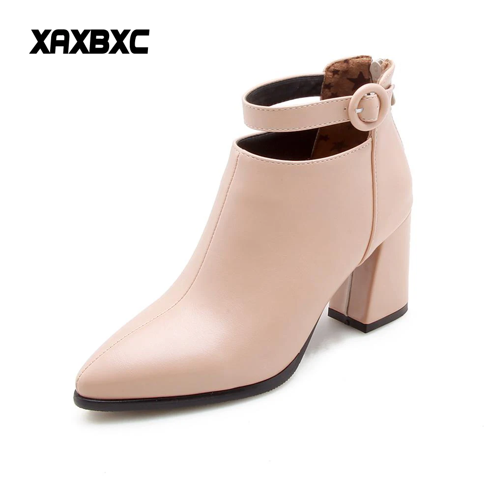 

XAXBXC 2018 New Autumn Winter Leather Short Boots High Heels Botines Pointed Toe Short Plush Mujer Botas Women Ladies Shoes