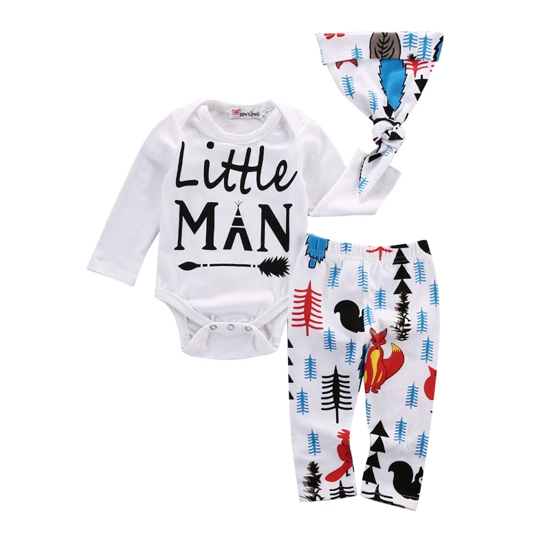 

3PCS Set Little Man Newborn Baby Boy Long Sleeve Cotton Romper Tops+Long Pant Hat Outfits Baby Clothes