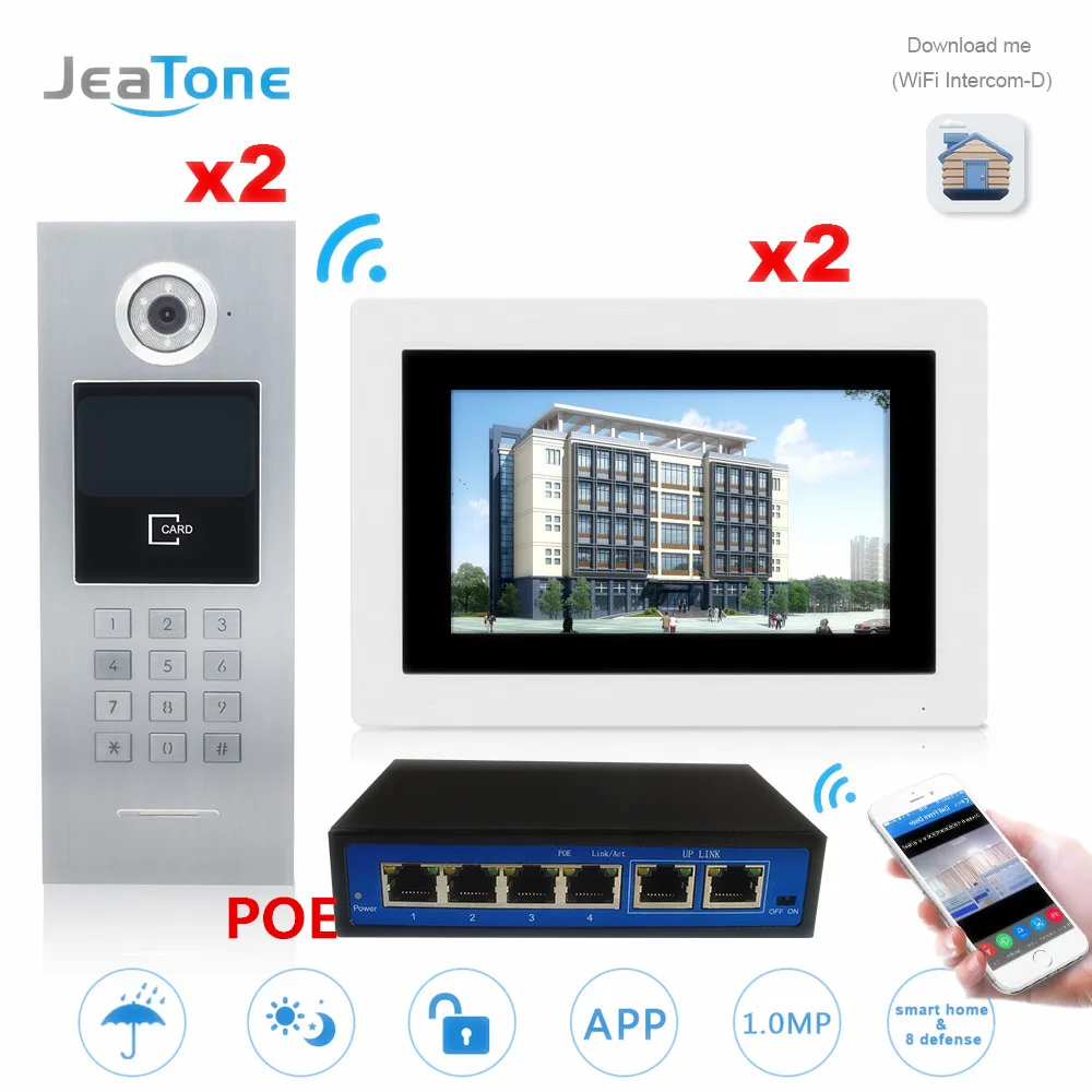 7'' Touch Screen WIFI IP Video Door Phone Intercom 2 Floors 2 Doors Building Access Control System Support Password/IC Card/POE
