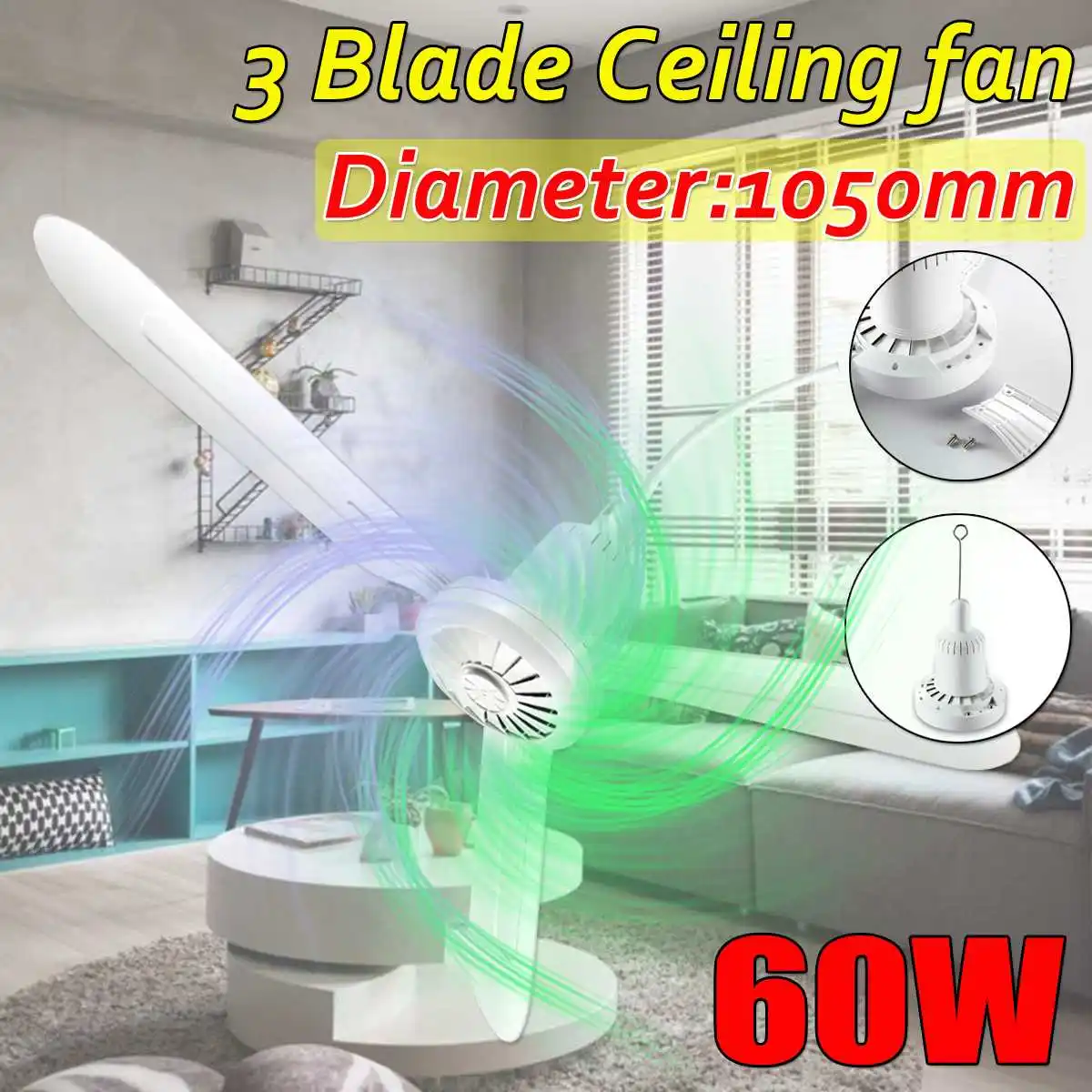 

105cm 3 Blade Electric Ceiling Fan 60W 220V US Plug Anti-mosquito Hanging Fan Air Conditioner Cooler with 2m Extension cord