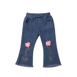 Для маленьких девочек джинсовые брюки-клеш для малышей Детские для маленьких девочек клеш длинные брюки джинсы комплект одежды От 2 до 7 лет
