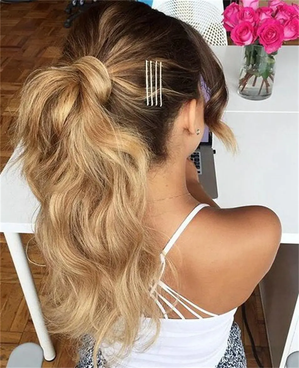 wavy Human hair ponytail blond 613 clip in 60 Platinum blonde virgin