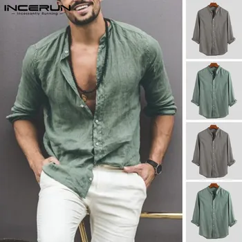 

INCERUN 2020 Fashion Men Long Sleeve Shirt Mandarin Collar Plain Casual Shirts Men Chic Breathable Streetwear Camisa Masculina