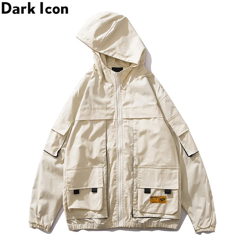 

Dark Icon Multiple Pockets Cargo Jacket with Hoodie 2019 New Letters Printing Stereo Pockets Men's Jacket Outwear Jacket Men